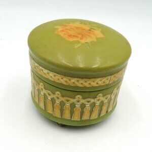 Vintage‎ Trinket Box Green Decoupaged Yellow Rose Gold Detailing Velvet Lined